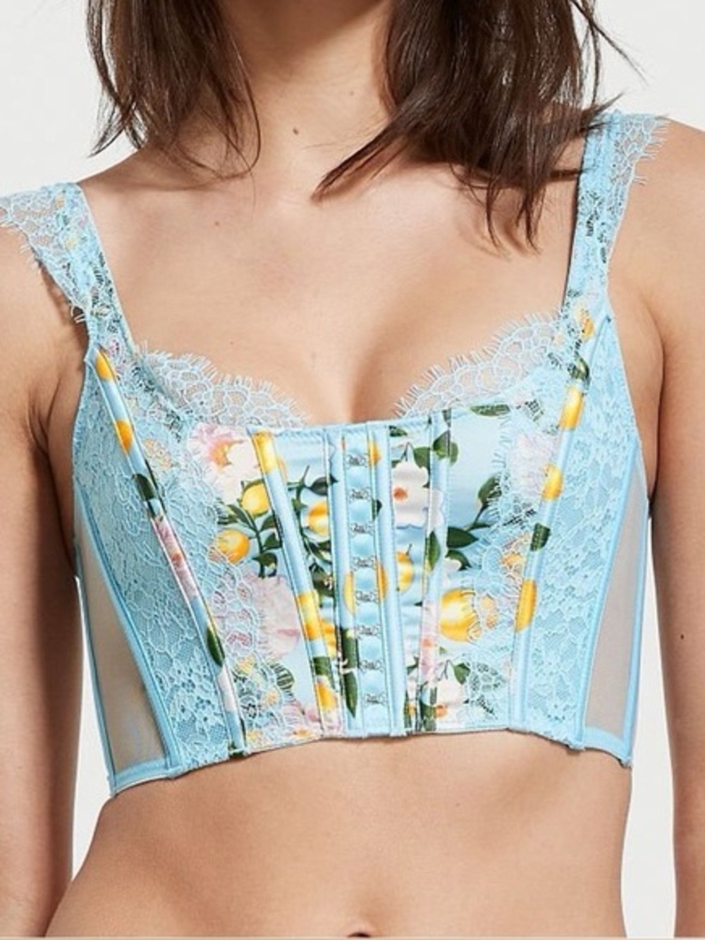Victoria’s Secret Floral Lace Longline Bustier Crop Top Bra in Light Blue